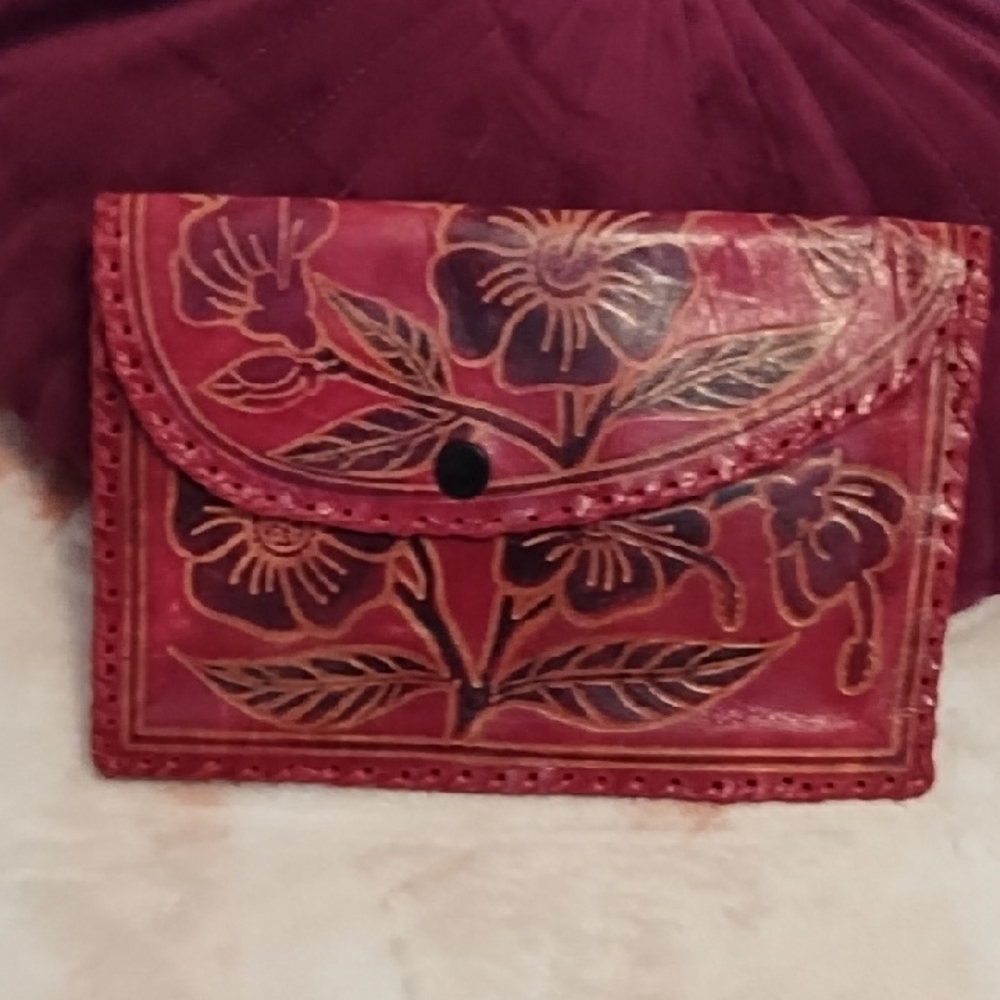 Vintage Red Floral Leather Wallet